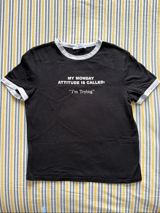 Zara Black Tee with White Front Text Graphic - Picture 1 of 5